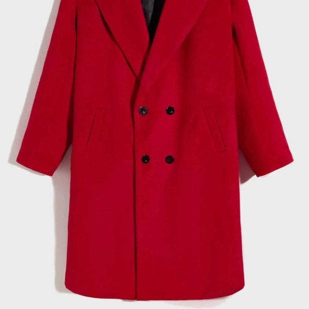 Red Casual Double Breasted Men's Overcoat w/Lapel - Picture 3 of 7